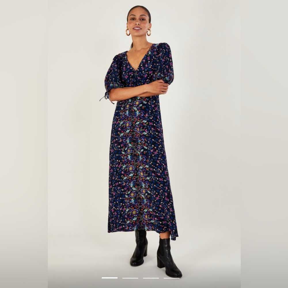 Estella placement print tea dress in sustainable viscose blue